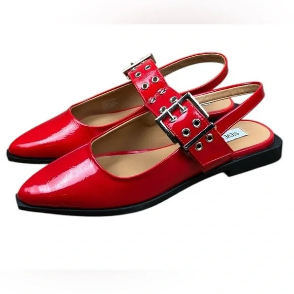 Steve Madden Red Studded Buckle Leather Y2K Slingback Flats Vintage Retro New - Picture 10 of 12